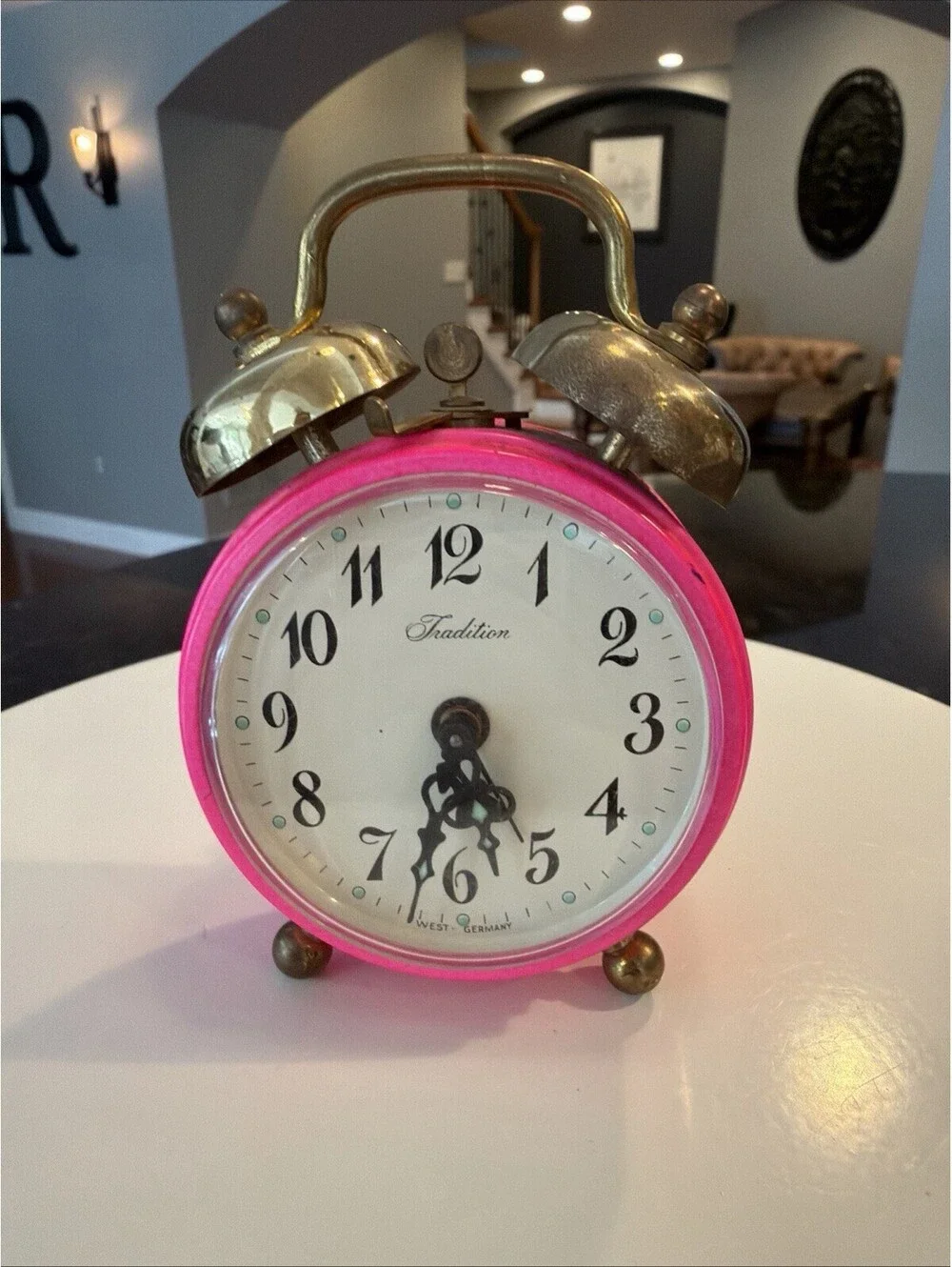 Vtg Tradition West Germany Pink Wind Up Alarm Clock Twin Brass Bells Works